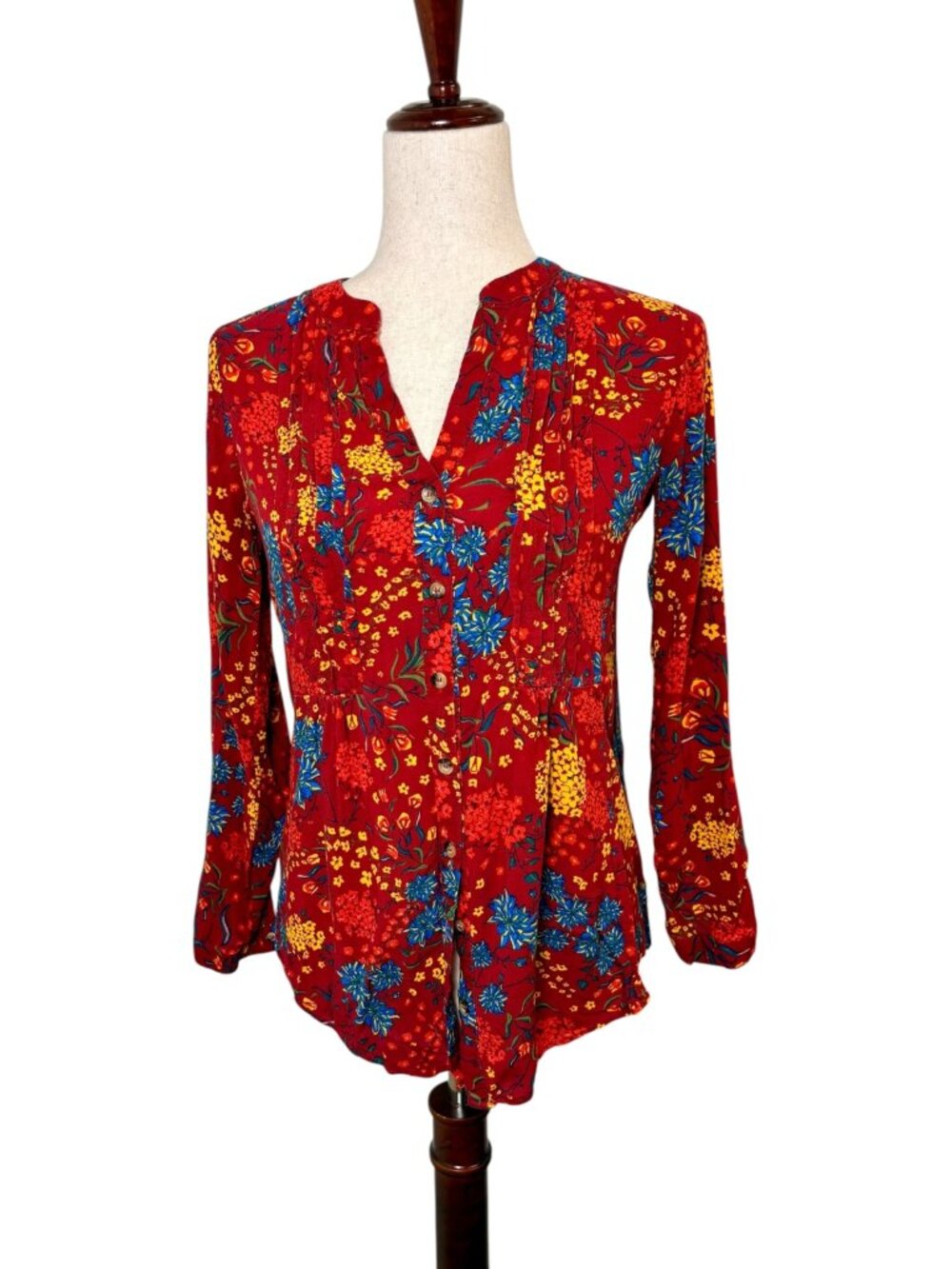 Anthropologie Maeve Red Floral Viscose Button Front Blouse Boho Artsy Folk XS